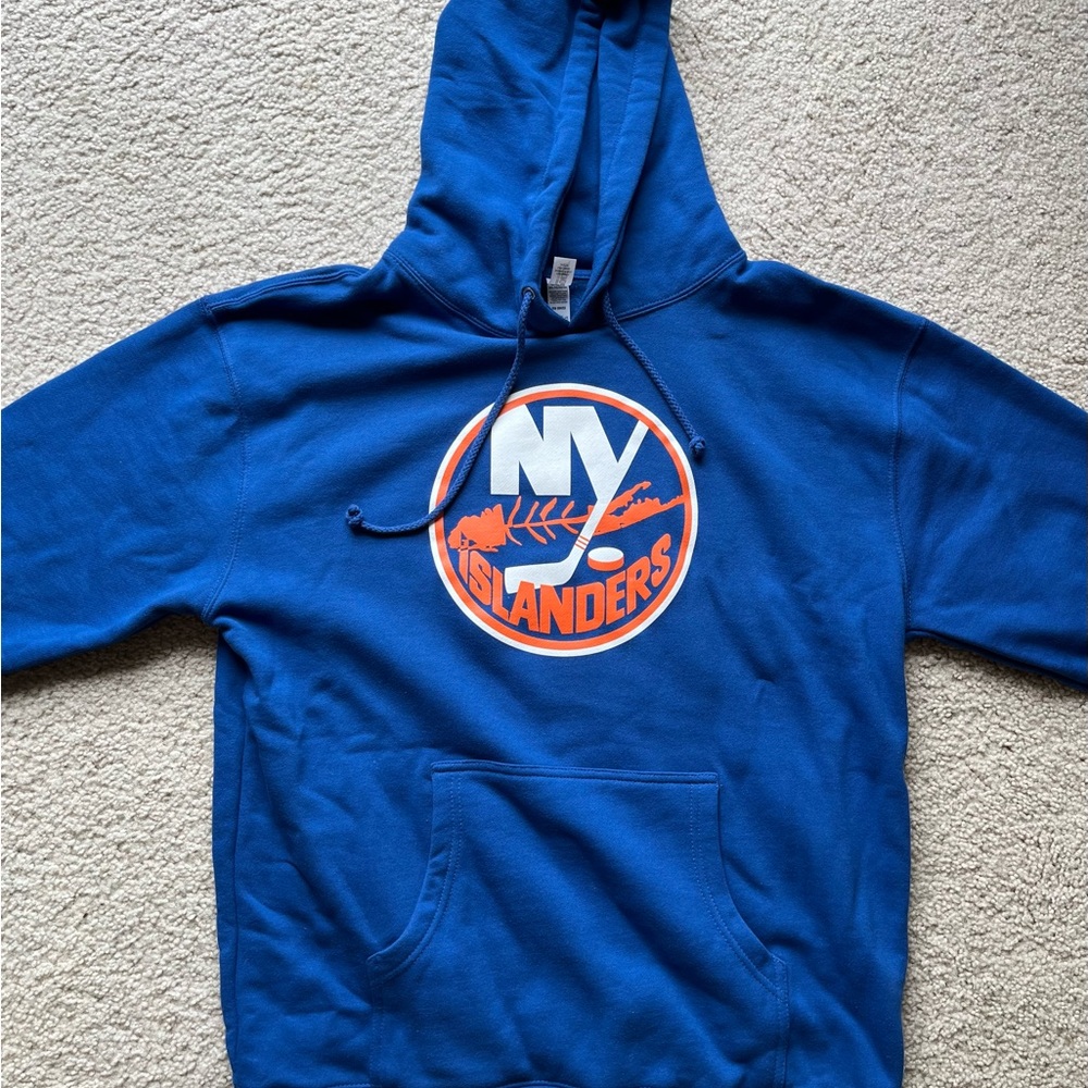 New York Islanders unique fishbone hooded sweatshirt. Size L, Royal Blue, NBW.